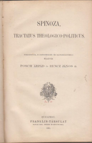 Spinoza - Tractatus Theologico-Politicus.  Filozfiai Irk Tra 18.ktet.