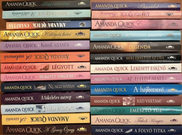 Amanda Quick - 26db AMANDA QUICK ktet: 1.	A BAJKEVER 2.	A FOLY TITKA 3.	A GONOSZ ZVEGY 4.	A SZERET 5.	A TKLETES MREG 6.	A VAKMER 7.	A ZLD KRISTLY 8.	AZ J LEPLE ALATT 9.	BECSLET 10.	BOTRNY 11.	BUKOTT ANGYAL 12.	CSBTS 13.	EMSZT T