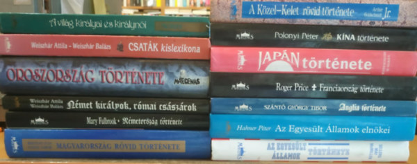 Bert�nyi Iv�n, Mary Fulbrook, Weiszh�r Attila-Weiszh�r Bal�s, Sellers-May-Mcmillen, Hahner P�ter, Sz�nt� Gy�rgy Tibor, Roger Price, Edwin O. Reischauer, Polonyi P�ter, Arthur Goldschmidt Jr. - 13 db t�rt�nelem: Magyarorsz�g r�vid t�rt�nete; N�metorsz�g t�rt�nete; N�met kir�lyok, r�mai cs�sz�rok; Oroszorsz�g t�rt�nete; Csat�k kislexikona; A vil�g kir�lyai �s kir�lyn�i; Az Egyes�lt �llamok t�rt�nete; Az Egyes�lt