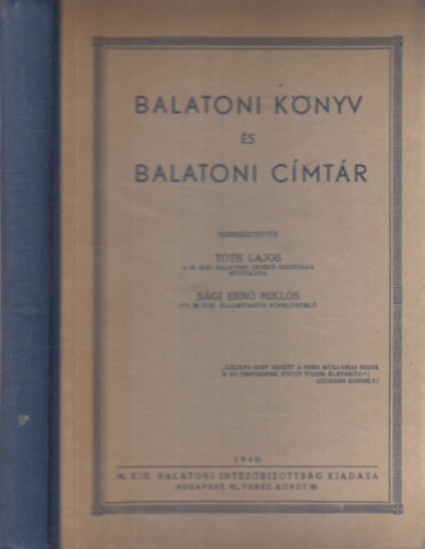 Sgi Ern Mikls Tth Lajos - Balatoni knyv s Balatoni cmtr