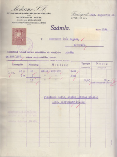 Szmla - Modiano Szivarkapaprgyr Rt. (1933)