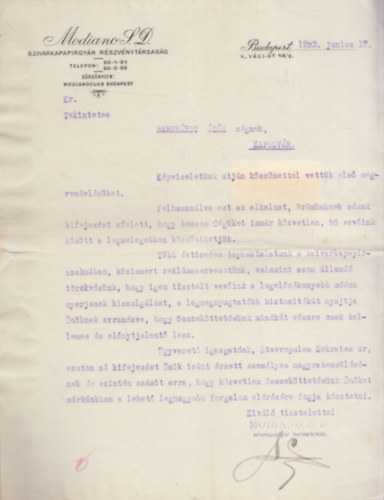 Számla - Modiano Szivarkapapírgyár Rt. (1933)