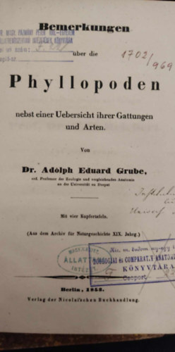 Dr. Adolph Eduard Gattungen - Bemerkungen ber die Phyllopoden (Megjegyzsek a phyllopodkrl)