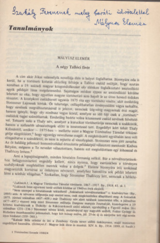 Mályusz Elemér - A négy Tallóci fivér- dedikált - Különlenyomat