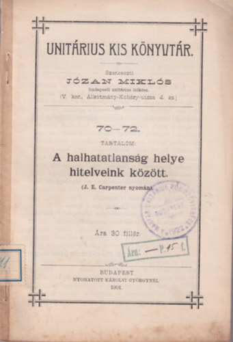 Józan Miklós - A halhatatlanság helye hitelveink között - Unitárius Kis Könyvtár