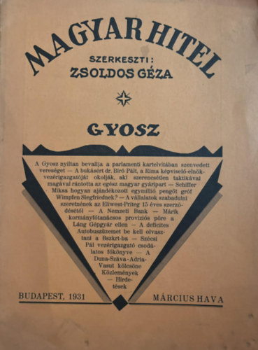 Zsoldos Gza - Magyar hitel - Budapest, 1931 Mrcius hava