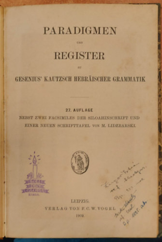 M. Lidzbarski - Paradigmen und Register zu Gesenius Kautzsch Hebrischer Grammatik 1902.