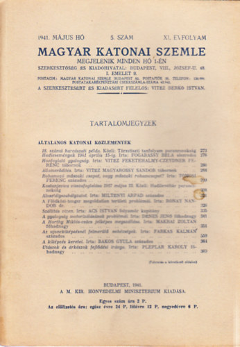 Vitéz Berkó István (szerk.) - Magyar Katonai Szemle 1941. május (XI. évf, 5. szám)