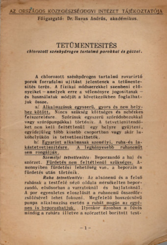 Dr. Havas András - Tetűmentesítés - chlorozott szénhydrogen tartalmú porokkal és gázzal