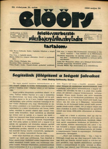 vitéz Bajcsy-Zsilinszky Endre ( felelős szerkesztő) - Előörs folyóirat III. évf. 21. szám. 1930. május 24.
