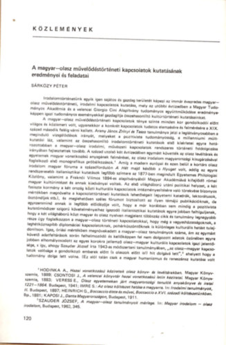 S�rk�zy P�ter - A magyar - olasz m�vel�d�st�rt�neti kapcsolatok kutat�s�nak eredm�nyei �s feladatai- K�l�nlenyomat