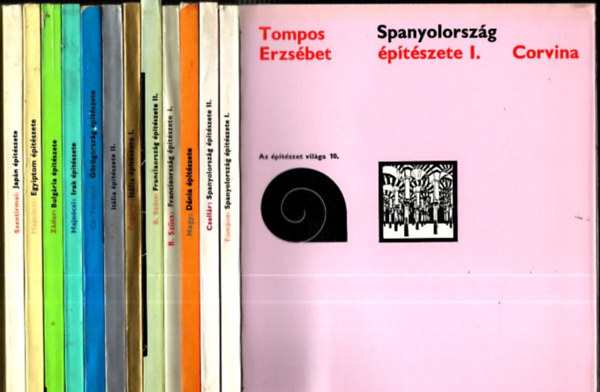 12 db. kötet Az építészet világa sorozatból: Japán, Egyiptom, Bulgária, Irak, Görögország, Itália I-II., Franciaország I-II., Dánia, Spanyolország I-II. építészete