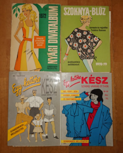 Luk�cs Zsuzsa  (tervezte �s rajzolta) - 5 divattal kapcsolatos magyar kiadv�ny a 20. sz�zad v�g�r�l: Szoknya-Bl�z, Ny�ri divatalbum 1972, Ny�ri divatalbum 1979, Egy-kett�re k�sz ('88-89 �sz, t�l), Egy-kett�re k�sz (1989. tavasz, ny�r)