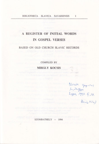 Mihly Kocsis - A register of initial words in gospel verses - dediklt