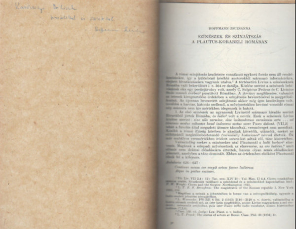 Hoffmann Zsuzsanna - Sz�n�szek �s sz�nj�tsz�s a Plautus-korabeli R�m�ban - K�l�nlenyomat - Dedik�lt