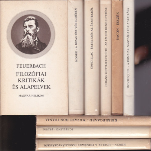 9 db Filozófiai kiskönyvtárbóll: Herzen:Levelek a természet tanulmányozásáról + Condillac:Értekezés az érzetekről + Fichte:Az ember rendeltetése + Bacon:Esszék + Schelling:Bruno + Kierkegaard:Mozart Don Juanja +Moore:A józan ész véd