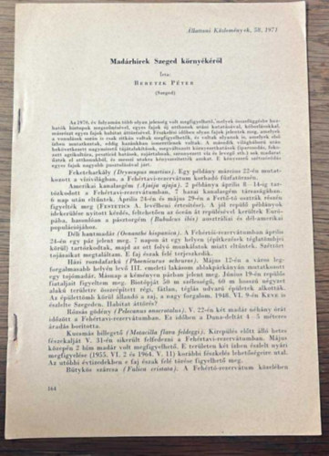 Beretzk P�ter - Mad�rh�rek Szeged k�rny�k�r�l - K�l�nlenyomat (�llattani K�zlem�nyek, 58, 1971)