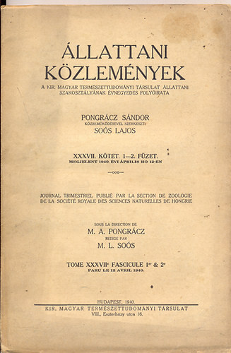 Sos Lajos  (szerk.) - llattani Kzlemnyek XXXVII. ktet. 1.-2. fzet (Megjelent 1940. vi prilis h 12-n)