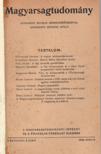 Ortutay Gyula szerk. - Magyarsgtudomny I. vf. 2. szm 1942. prilis