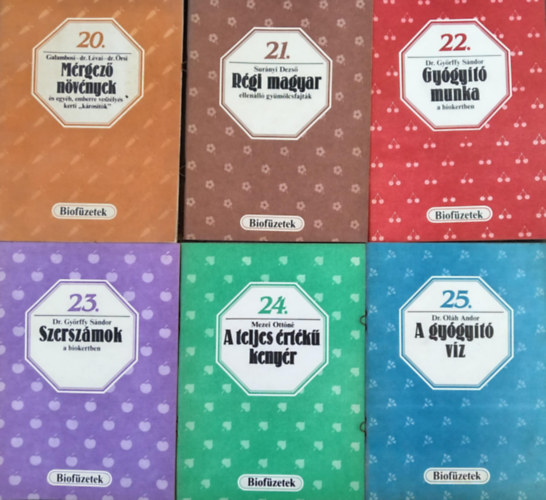 Biof�zetek sorozat 20-25. - M�rgez� n�v�nyek / R�gi magyar ellen�ll� gy�m�lcsfajt�k / Gy�gy�t� munka / szersz�mok a biokertben / A teljes �rt�k� keny�r / A gy�gy�t� v�z