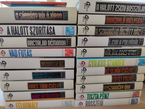 Dick Francis, Peter Robinson, James Grippando, Stephen Frey, G. M. Ford, John Altman, John Hart, John J. Nance, Lincoln Child, Peter James, Lindsey David, Steve Alten, Allan Folsom, John Co Greg Iles - 20db a Vilgsikerek sorozatbl, knyvcsomag: Huszonngy ra+ Tiszta pnz+ Rosszfi+ Gyilkos szndk+ Az elnk eslye+ Stt foly+ A szigoran rztt hz+ Lenn a folynl+ Klnleges utas+ A halott zseni bosszja+ rvnyl m