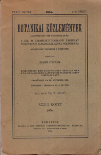 Szab� Zolt�n - Botanikai K�zlem�nyek 1936. XXXIII. k�tet 1-6. f�zet