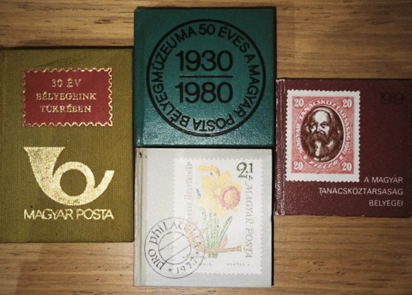 4db b�lyegekkel kapcsolatos minik�nyv - 30 �ves b�lyegeink t�kr�ben, A Magyar Posta B�lyegm�zeuma 50 �ves, A Magyar Tan�csk�zt�rsas�g b�lyegei, Pro Philatelia-Az �tvenedik Magyar B�lyegnap alkalm�b�l
