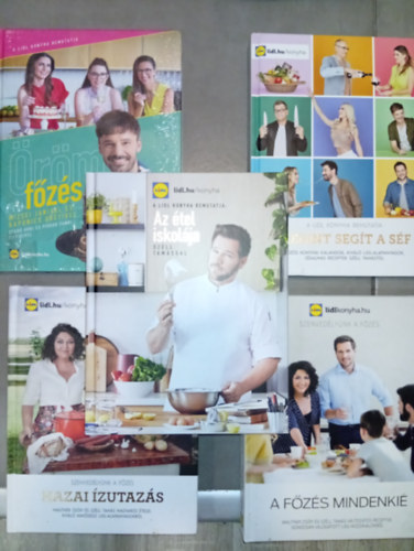 LIDL, Mautner Zs�fi, Sz�ll Tam�s - 5 db LIDL szak�csk�nyv: Hazai �zutaz�s + A f�z�s mindenki� + Megint seg�t a s�f + Az �tel iskol�ja + �r�mf�z�s Mizsei Janival �s Kapunics Gr�tivel