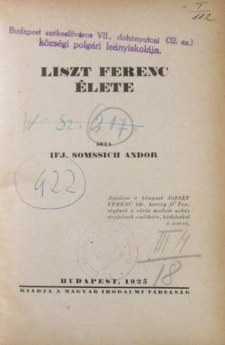 Ifj. Somssich Andor - Liszt Ferenc �lete