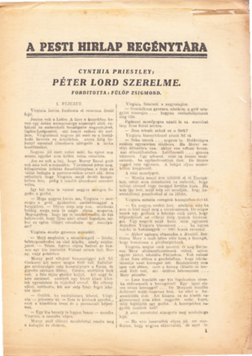 Cynthia Priestley - Péter Lord szerelme (A Pesti Hírlap Regénytára) (teljes, 6 folytatásban)
