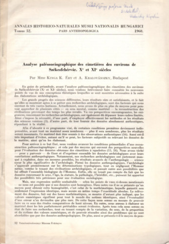 A. Kralov�nszky K. �ry Kinga - Analyse pal�osociographique des cimeti�res des environs de Sz�kesfeh�rv�r (Xe et XIe si�cles)