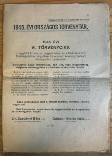 1945. évi VI. Törvénycikk (1945. évi országos törvénytár)