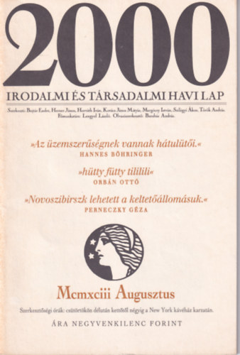 2000 Irodalmi �s T�rsadalmi Havi Lap - 1993. Augusztus