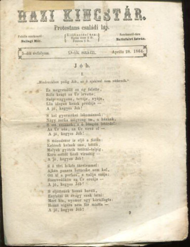Ballagi Mór Batizfalvi István (szerk.) - Házi kincstár. Protestáns családi lap. 5-dik évfolyam. 9-ik szám. Aprilis 28. 1864.