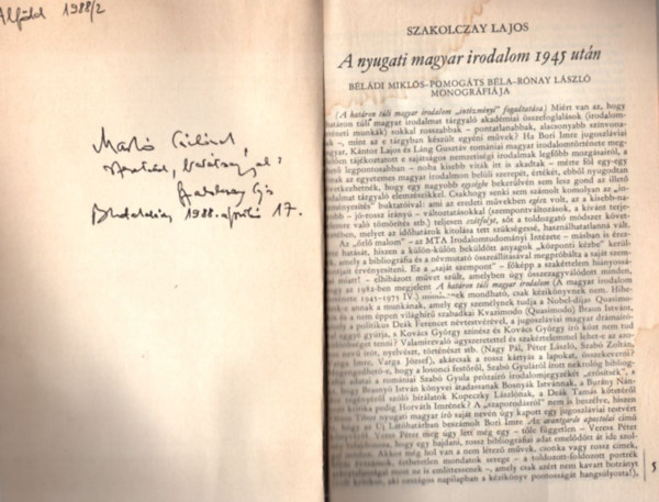 Szakolczay Lajos - A nyugati magyar irodalom 1945 ut�n - K�l�nlenyomat - dedik�lt