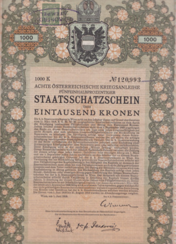 Achte �sterreichische Kriegsanlaihe F�nfeinhalbprozentiger Staatsschatzschein (�llamk�tv�ny)- t�rt�nelmi �rt�kpap�r, eredeti