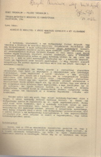 Gy�ni G�bor - Migr�ci� �s mobilit�s: A v�rosi munk�ss�g szerkezete a k�t vil�gh�bor� k�z�tt - K�l�nlenyomat - Dedik�lt