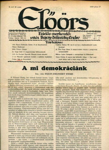 vit�z Bajcsy-Zsilinszky Endre  ( felel�s szerkeszt�) - El��rs foly�irat II. �vf. 30. sz�m. 1929. j�lius 27.